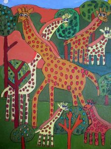Giraffes acrylic on canvas painted in 2017. Available as a Greeting Card by Zion Levy Stewart Artist
